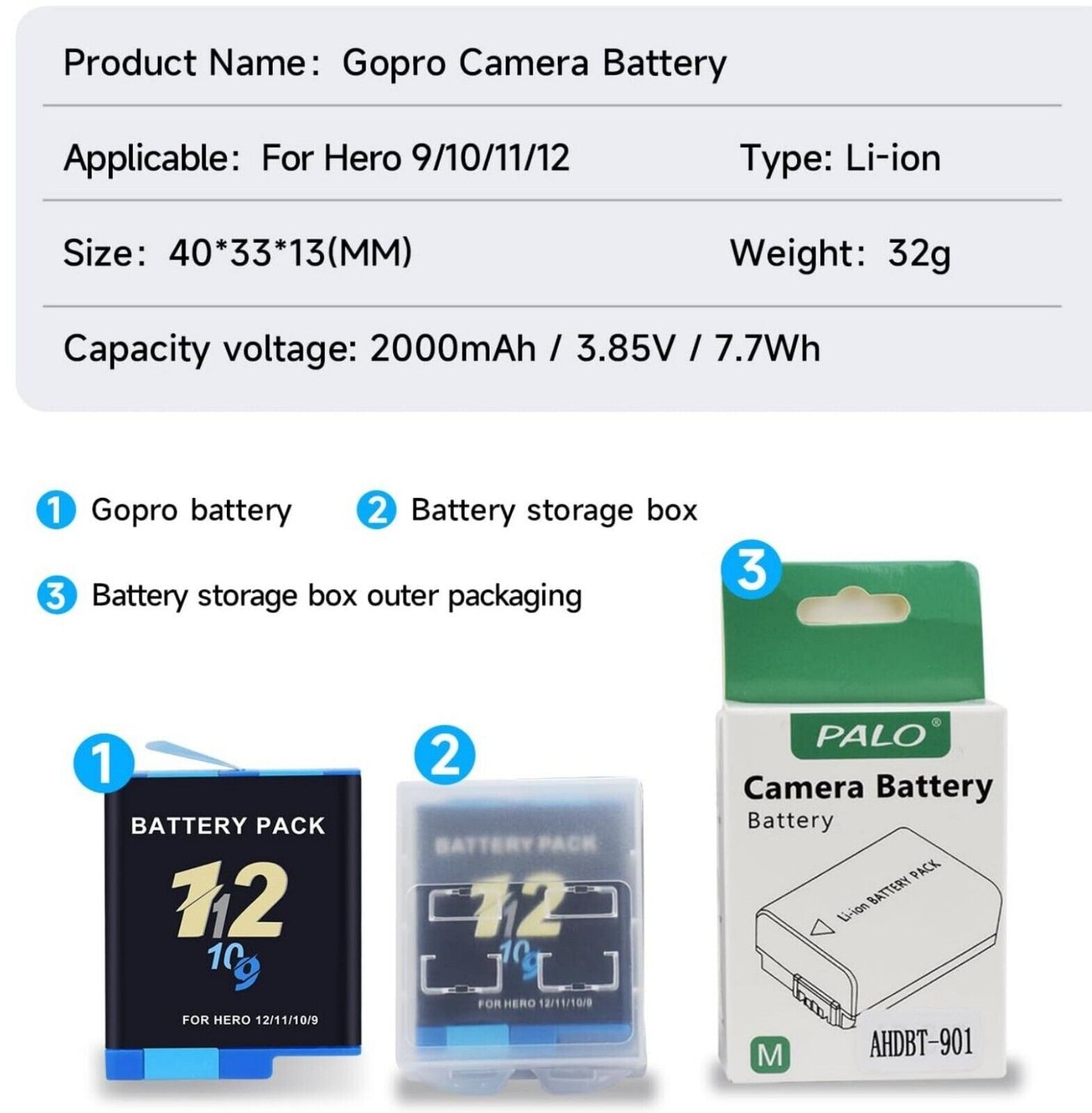 2x 2000mAh Akku für GoPro Hero 12/11/10/9 Wiederaufladbar