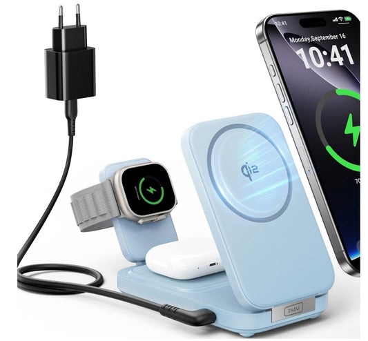 3-in-1 Induktive Ladestation 15W Qi2 MagSafe Hellblau iPhone Apple Watch AirPod