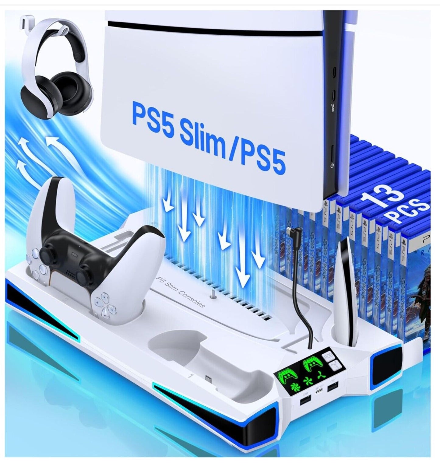 PS5 Ständer mit Automatisch Einstellbarer 3-Stufen-Lüfter für PS5 Controller Lad