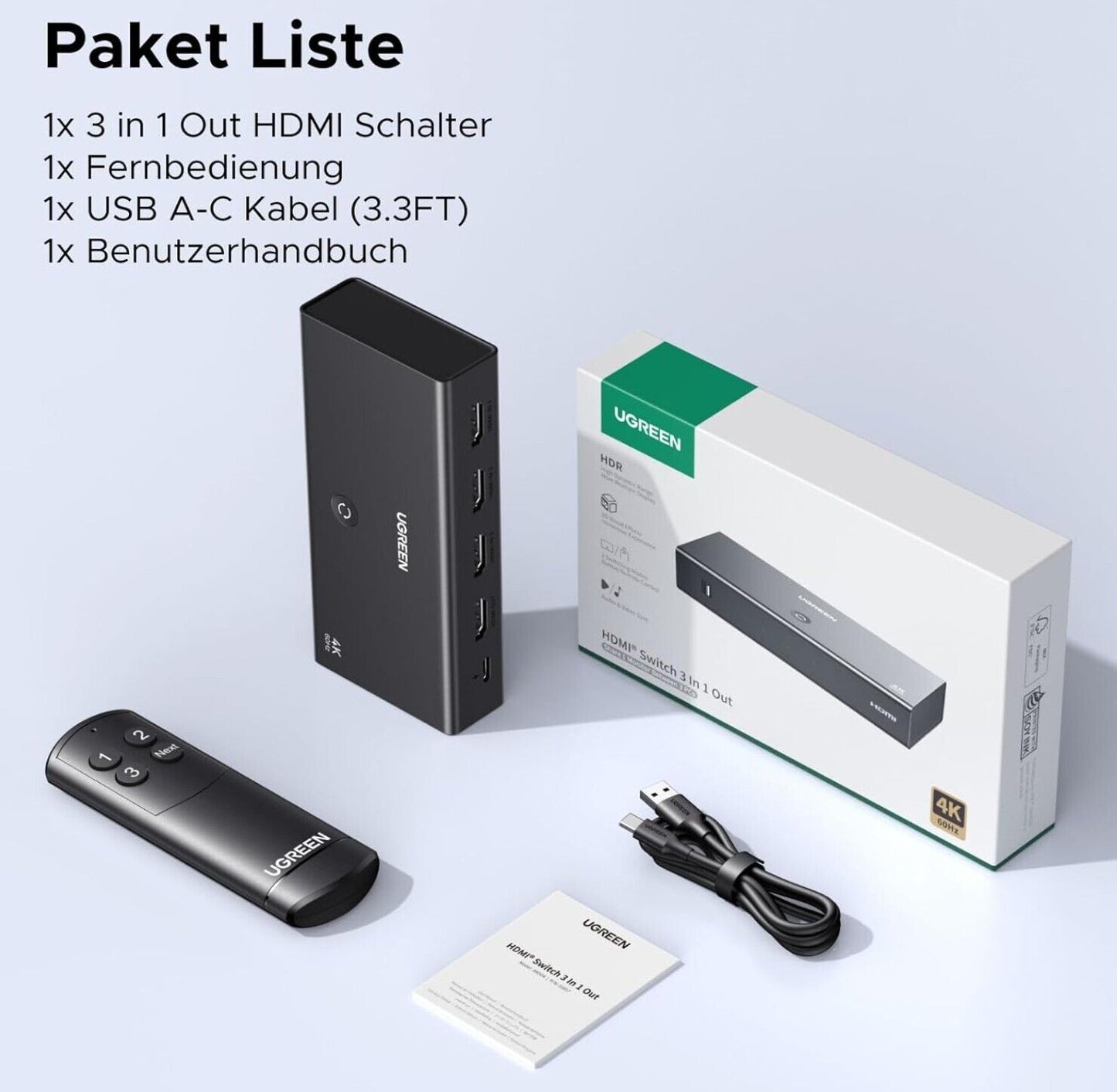 UGREEN HDMI Switch 3 in 1 Out 4K@60Hz, HDMI Splitter mit Fernbedienung