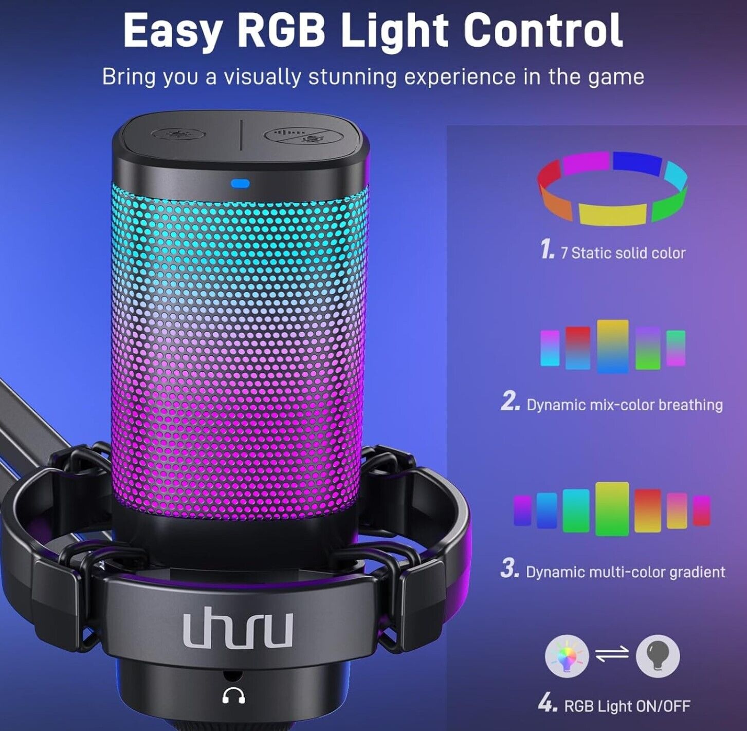 uhuru Gaming USB-Mikrofon für PC, Computermikrofon mit steuerbarem RGB für PS4/5