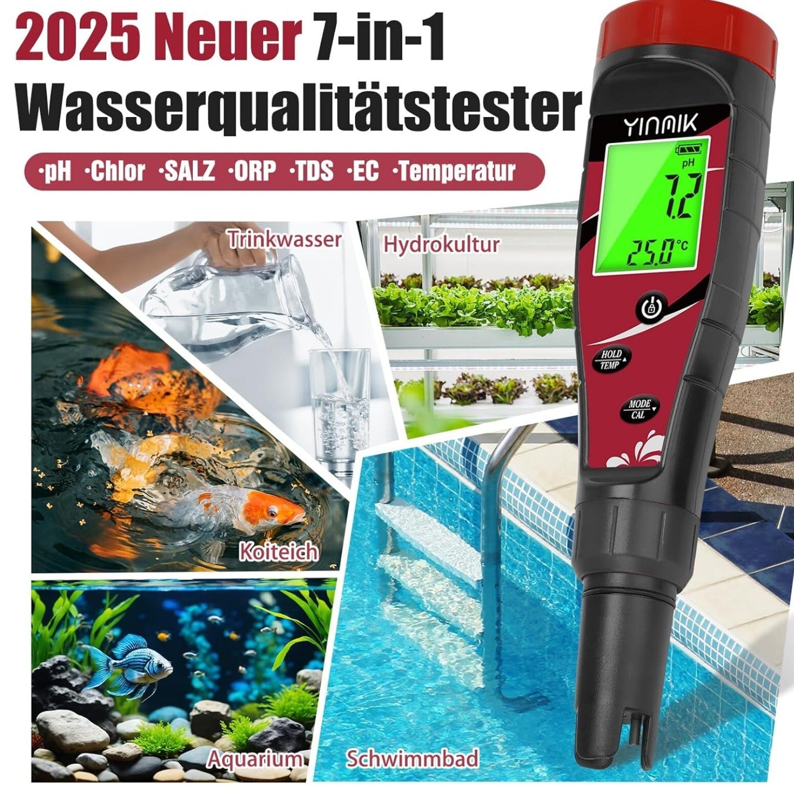 7-in-1 pH & Chlor Messgerät für Pool, Aquarium, Hydrokultur