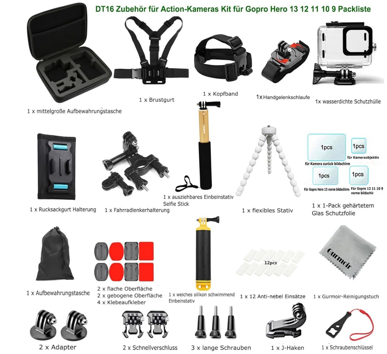 Actionkamera Zubehörset DT16 für GoPro Hero 13 12 11 10 9 Black
