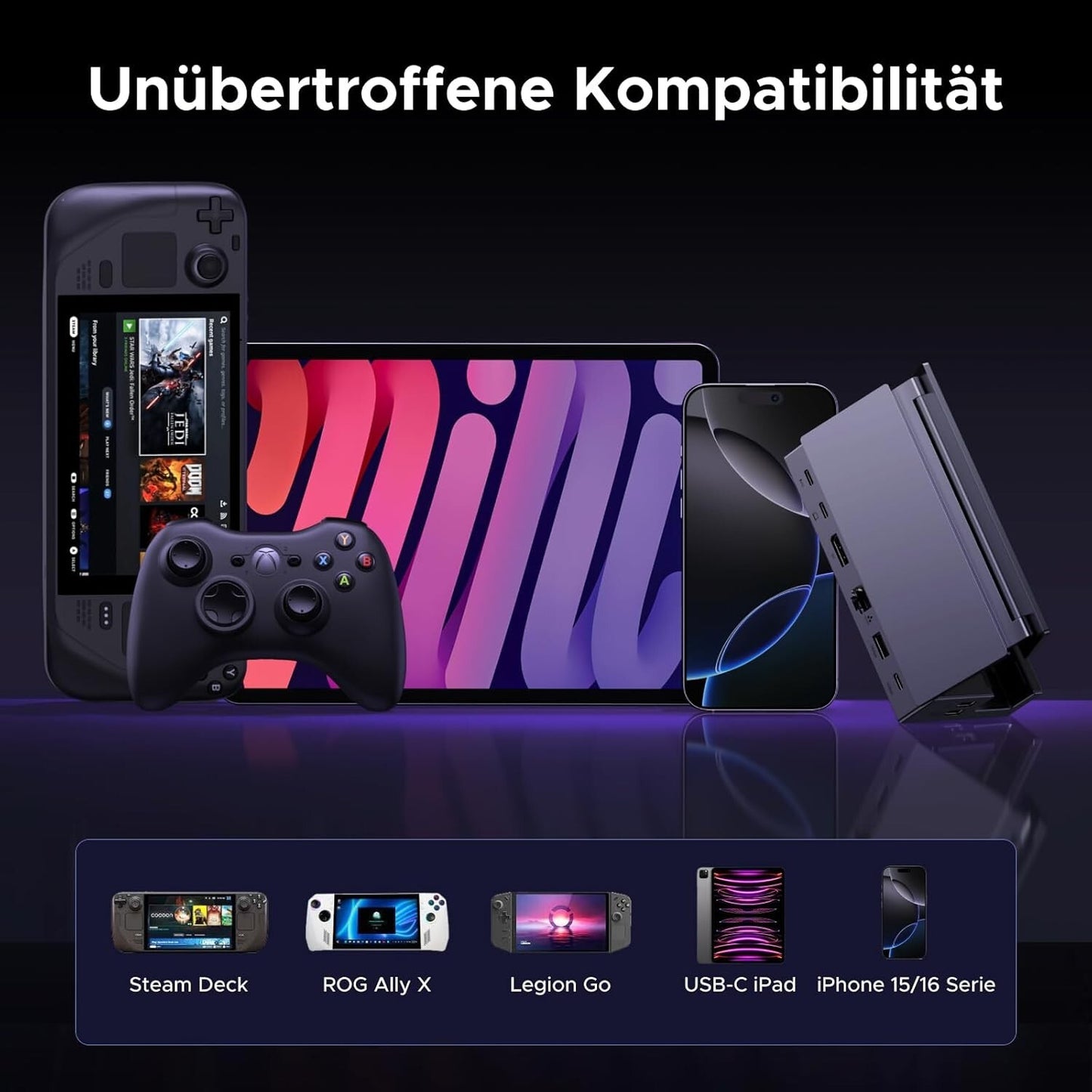 9-in-1 Steam Deck Dock 4K@120Hz DP 10Gbps USB PD 100W Ethernet SD/TF