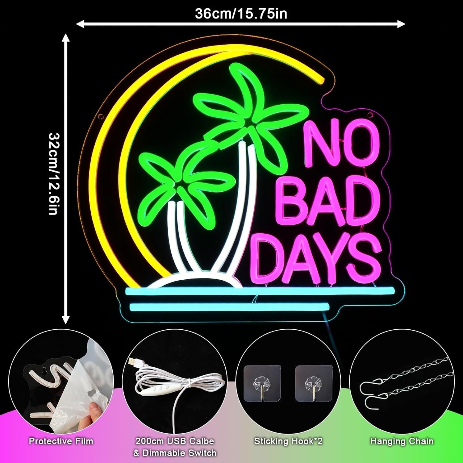 No Bad Days Neon Schild Tropic Palme LED Leuchtreklame 36x32cm USB
