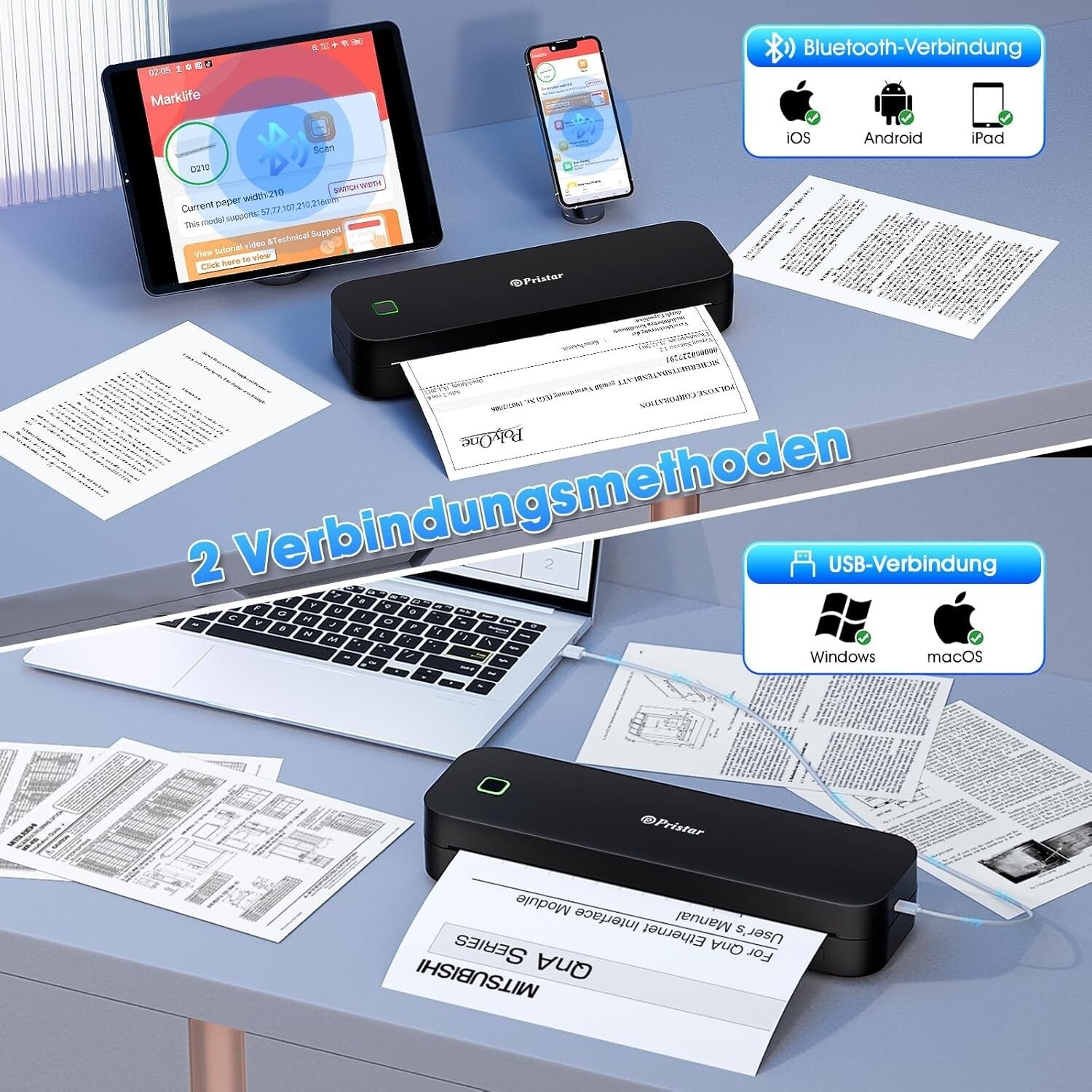 D210 A4 Thermodrucker Bluetooth Schwarz für iOS/Android