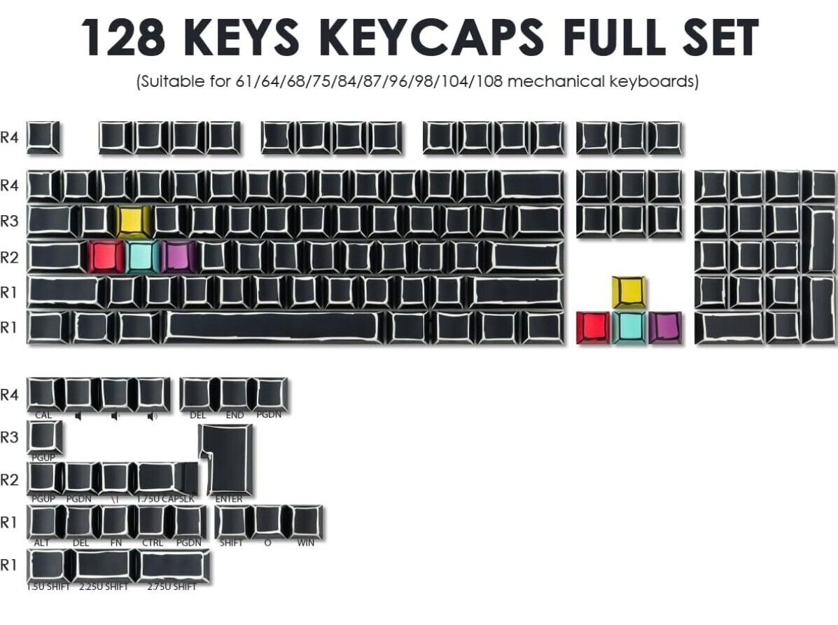 PBT Keycaps, 128 Tasten, Farbstoff-Sublimation, Kirschprofil-Tastenkappen, Seitl