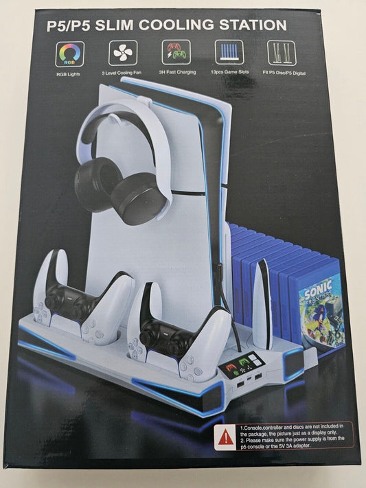 PS5 Standfuß mit Kühler Lüfter, PS5 Controller Ladestation mit RGB Licht, Headse