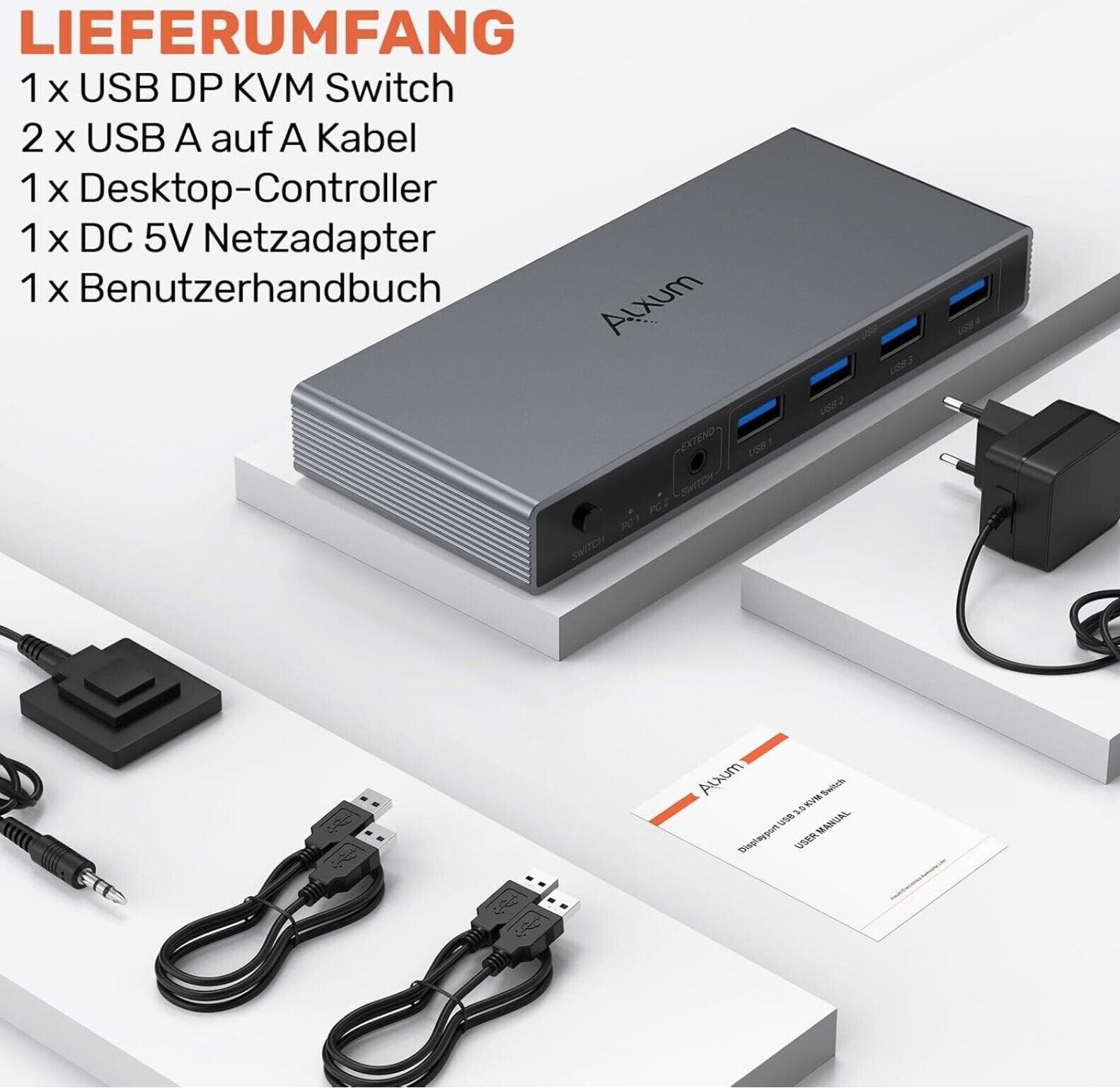 8K@60Hz 4K@144Hz DisplayPort KVM Switch für 2 PCs, 4 USB-Ports, Netzteil