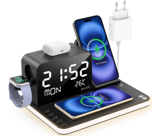 7-in-1 Wireless Ladestation mit Smart-Clock & Nachttischlicht Schwarz