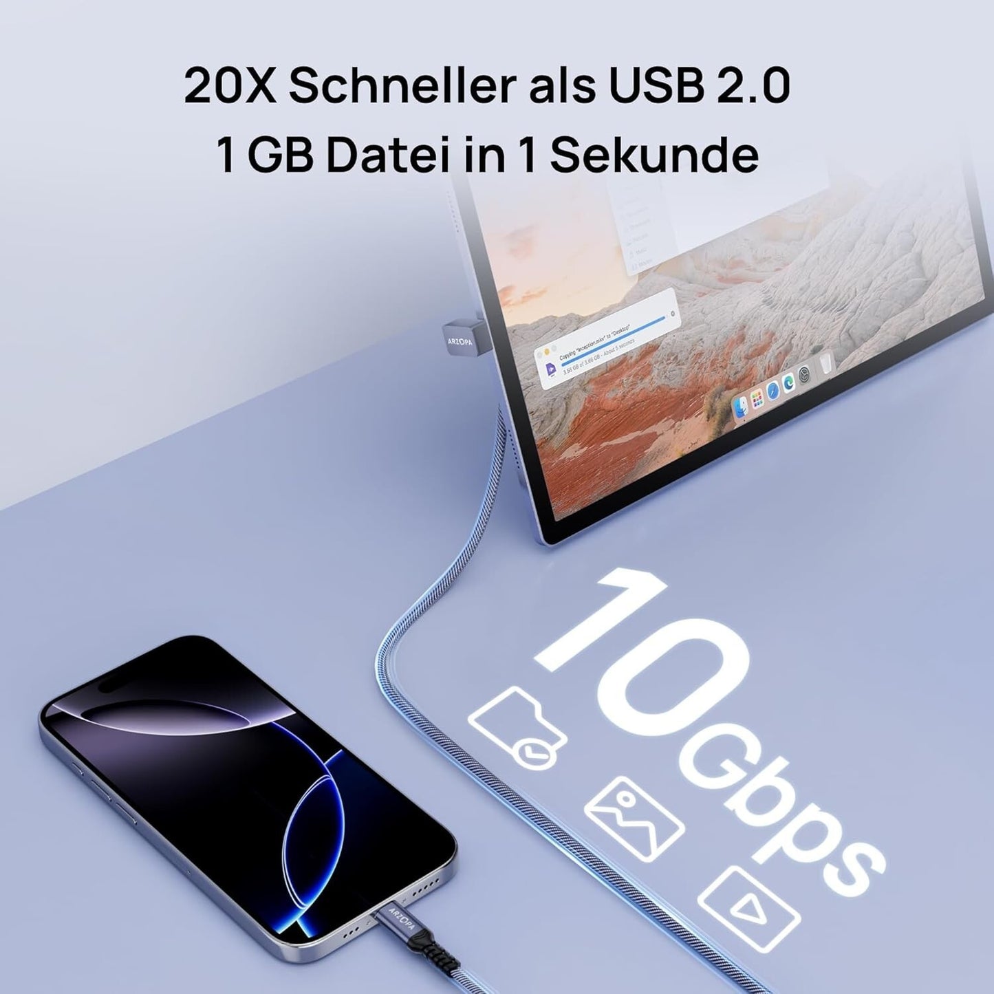 USB-C Kabel 100W PD 10Gbps 90° U-Design 1m Nylon iPhone 16/S24