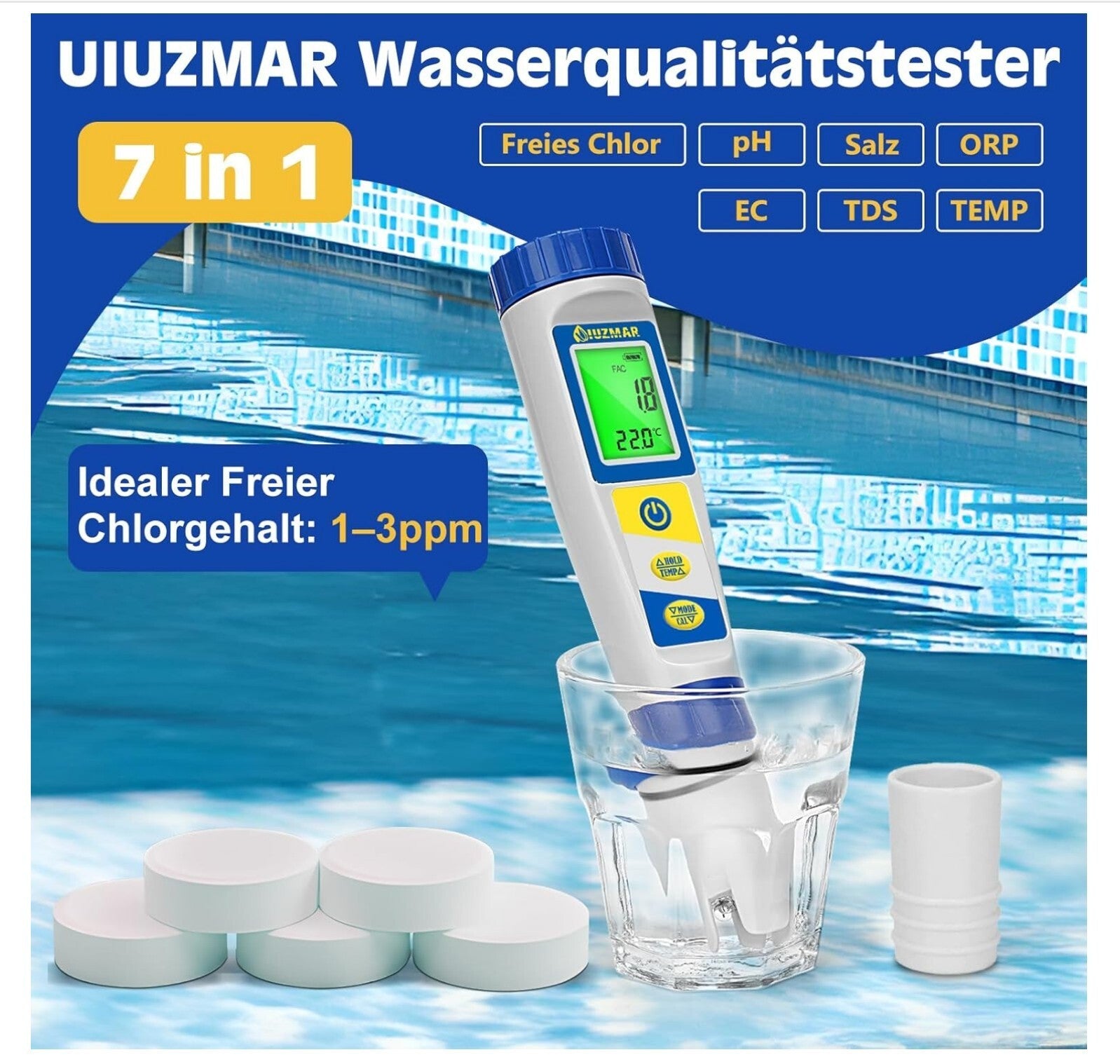 7-in-1 Pool Wassertester pH Chlor Salz ORP EC TDS Temp