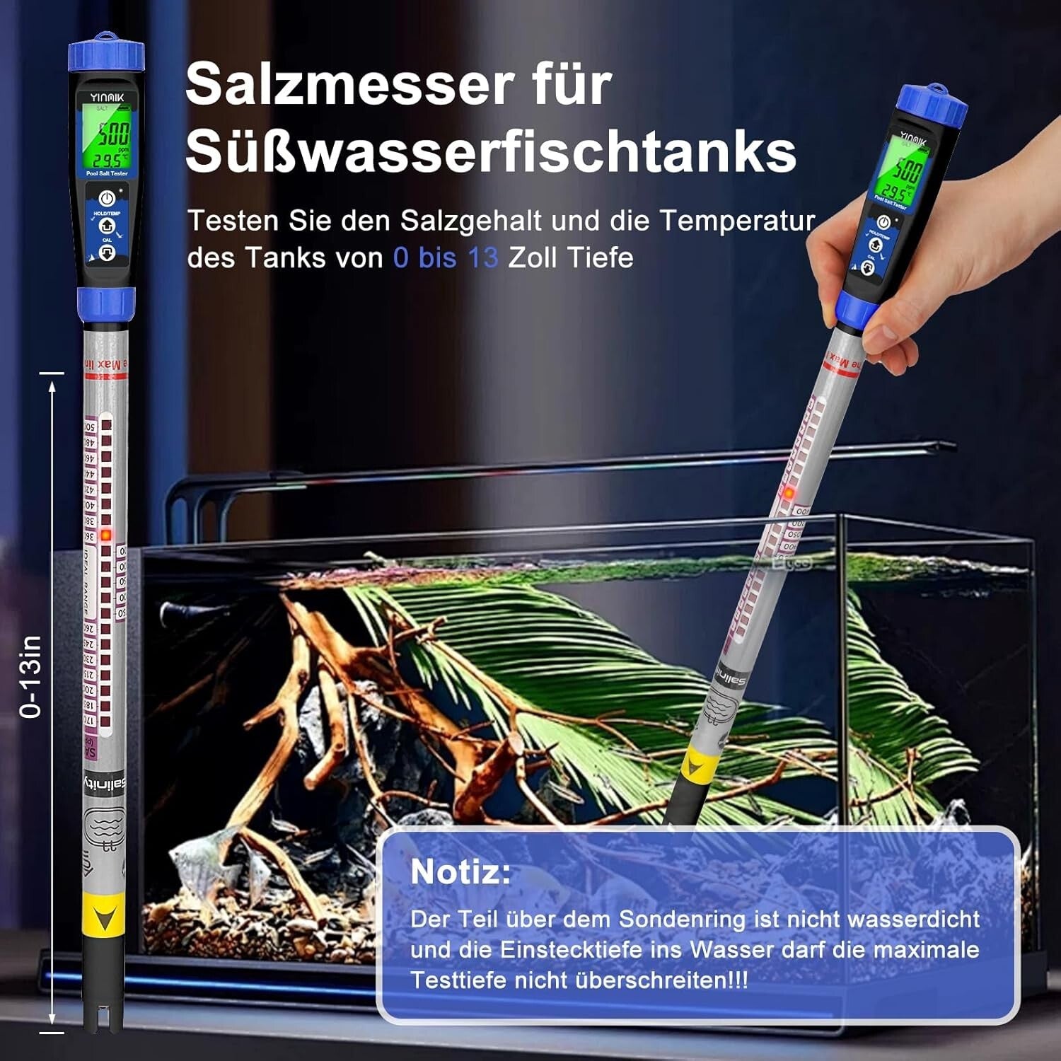 Pool Salzgehalt Testthermometer 5m Sonde LED LCD 2700-3400ppm