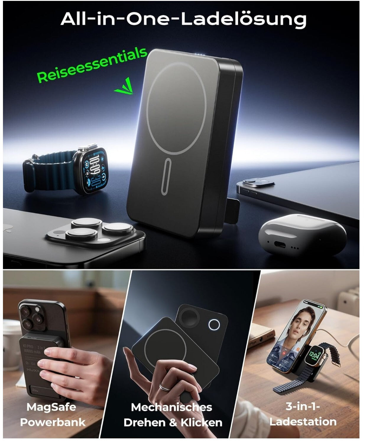 Magnetische 3-in-1 Powerbank – Schnellladen für Apple-Geräte!