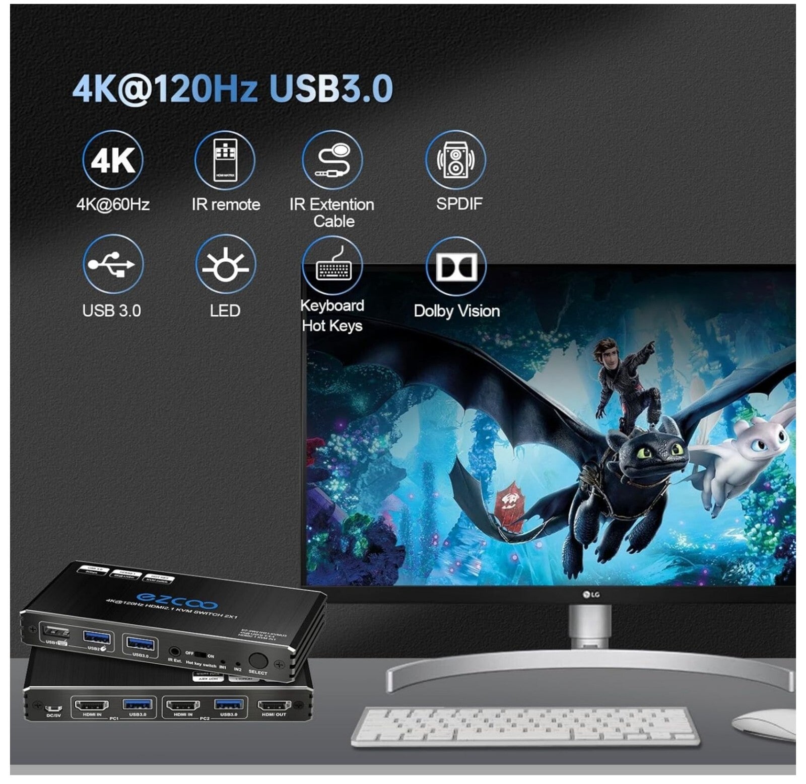 8K HDMI 2.1 KVM Switch 2 Ports USB3.0 4K@120Hz Hotkey 2 PCs - 1 Monitor