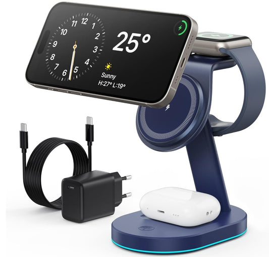 3 in 1 Mag-Safe Ladestation 15W für iPhone Apple Watch AirPods Tiefblau
