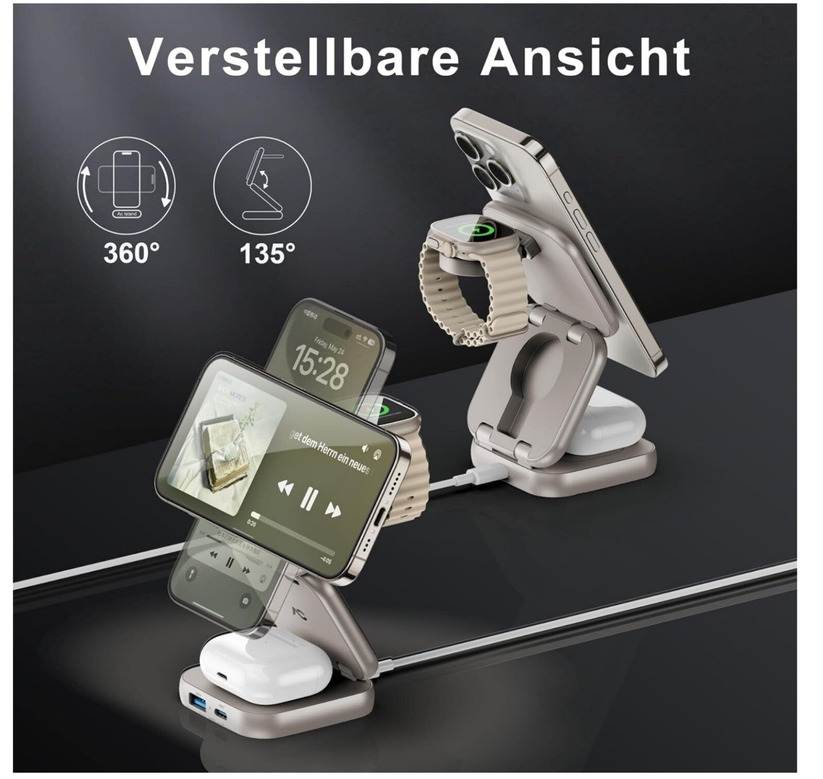 5-in-1 MagSafe Ladestation Faltbar iPhone 16-12 Watch AirPods Titan