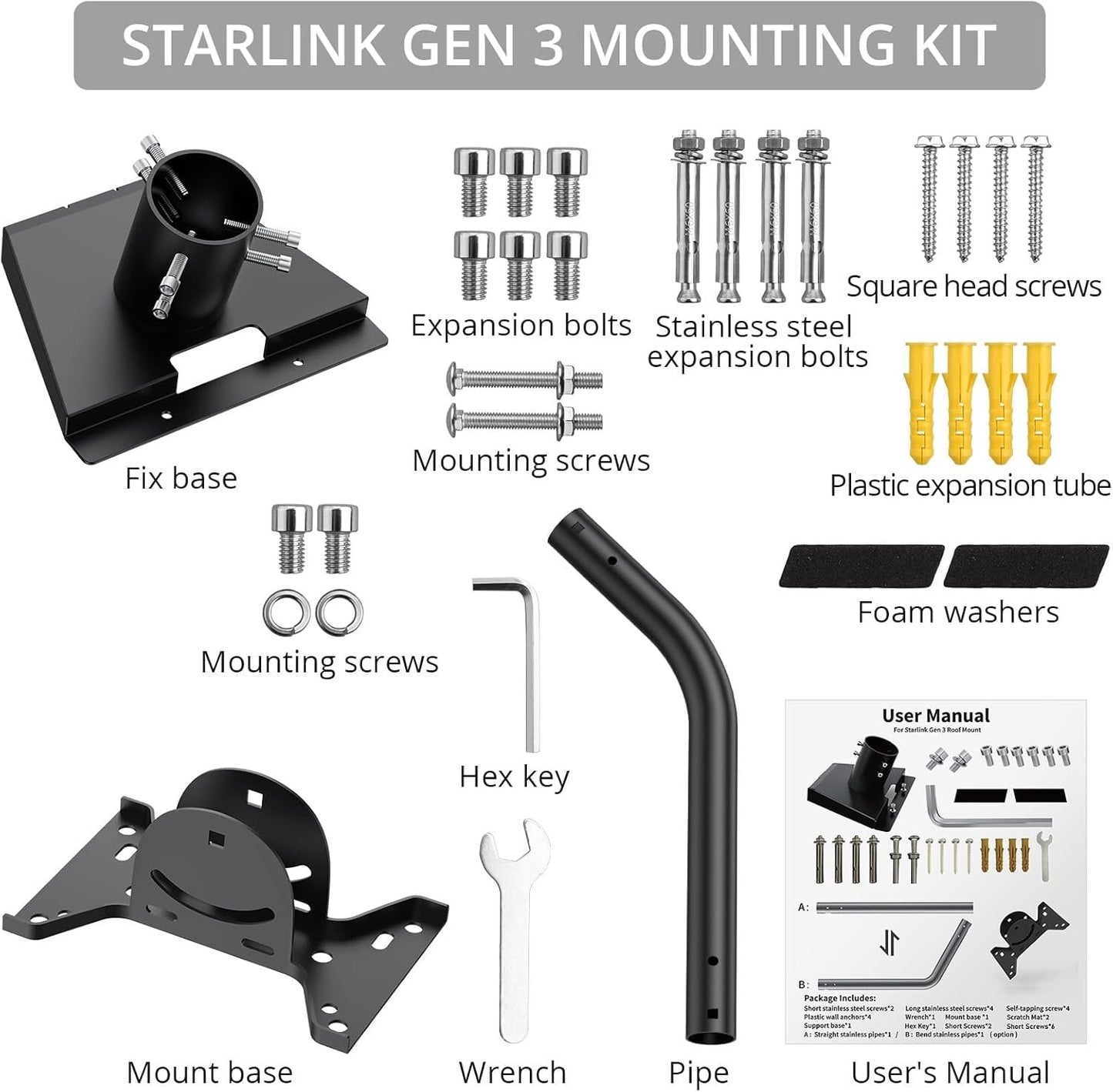 Starlink Gen 3 Rohradapter Masthalterung Aluminium Schwarz