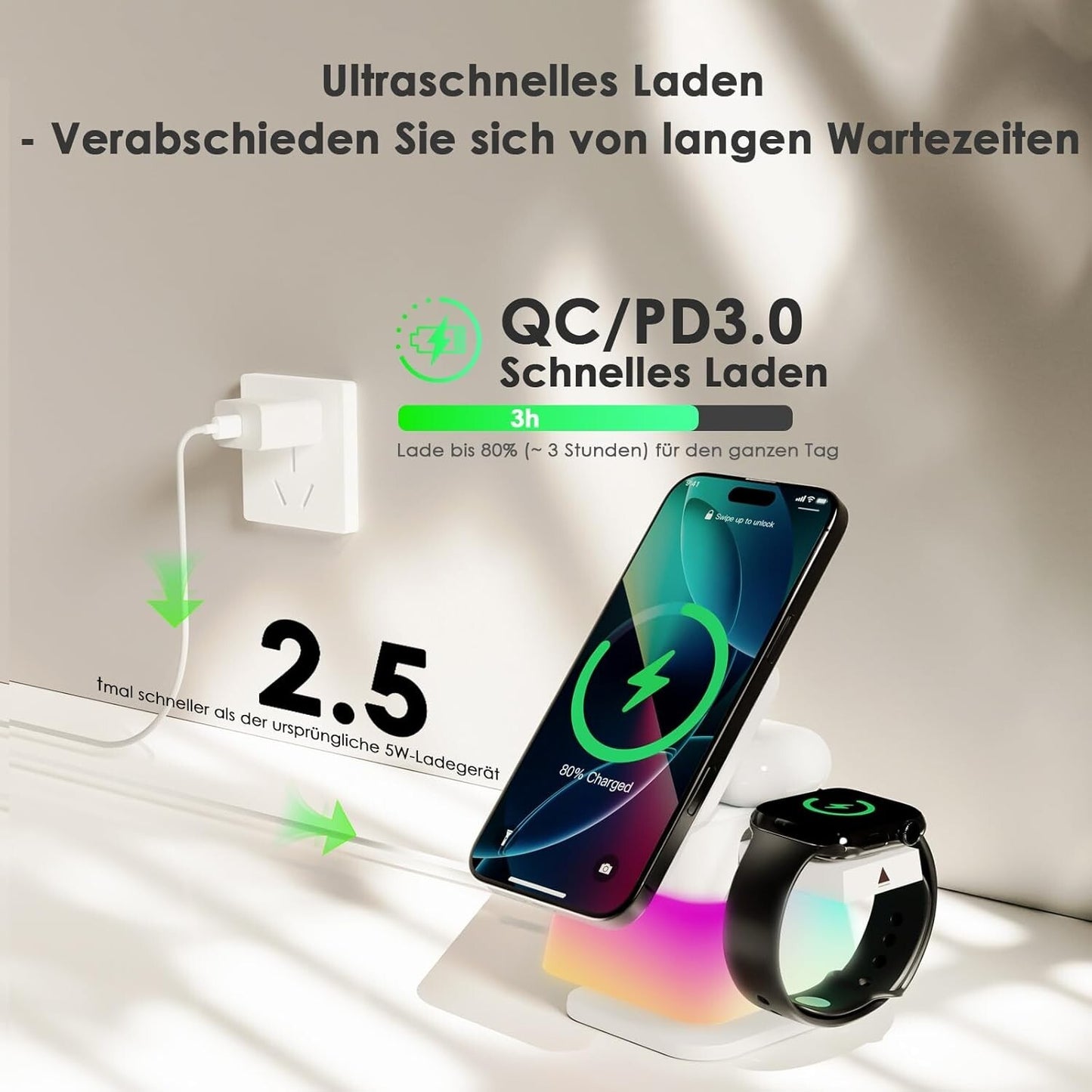Kabelloses Ladegerät 15W RGB-Licht für iPhone/Watch/Pods