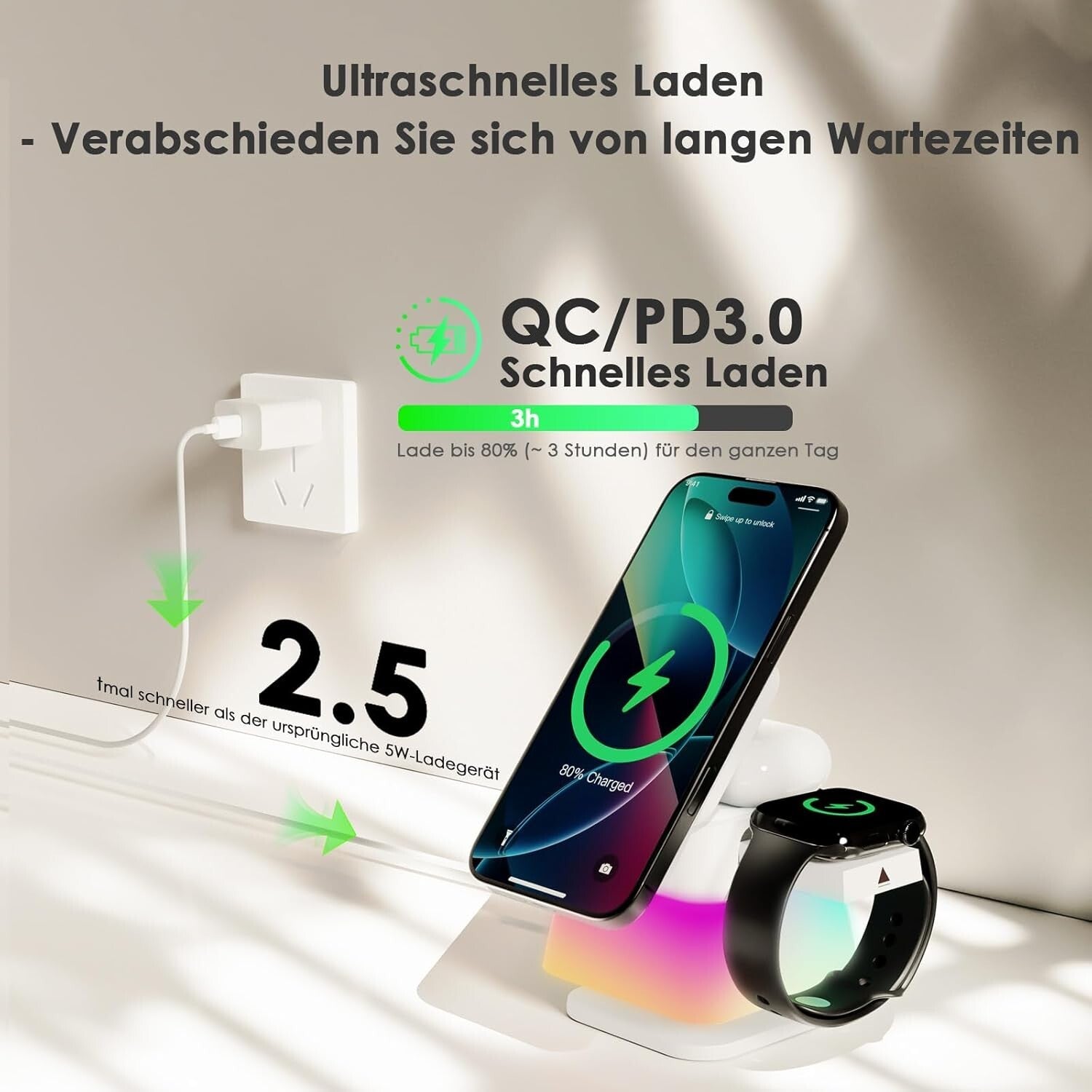 Kabelloses Ladegerät 15W RGB-Licht für iPhone/Watch/Pods