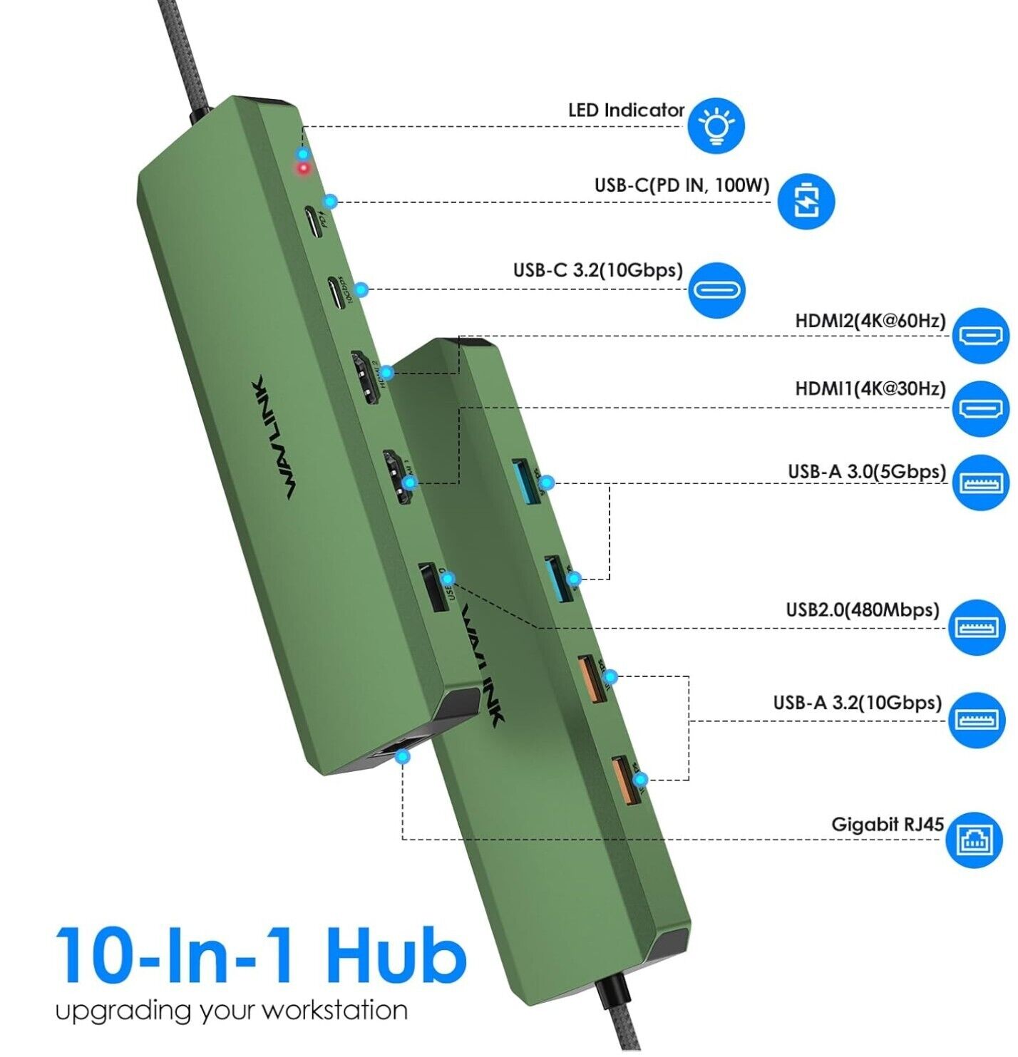 WAVLINK Laptop-Dockingstation, 10 G, USB-C-Hub, mit Dual-HDMI, 100 W PD-In, 10 G