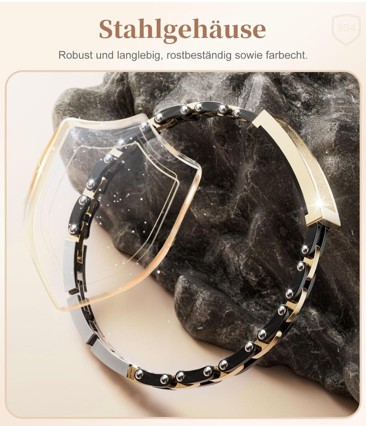 Smart Armband Damen Edelstahl 3ATM Wasserdicht Schwarz-Gold Fitness
