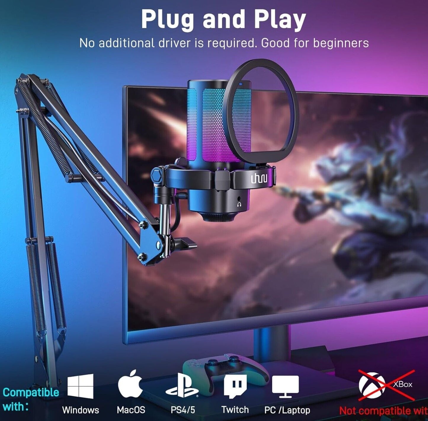 uhuru Gaming USB-Mikrofon für PC, Computermikrofon mit steuerbarem RGB für PS4/5