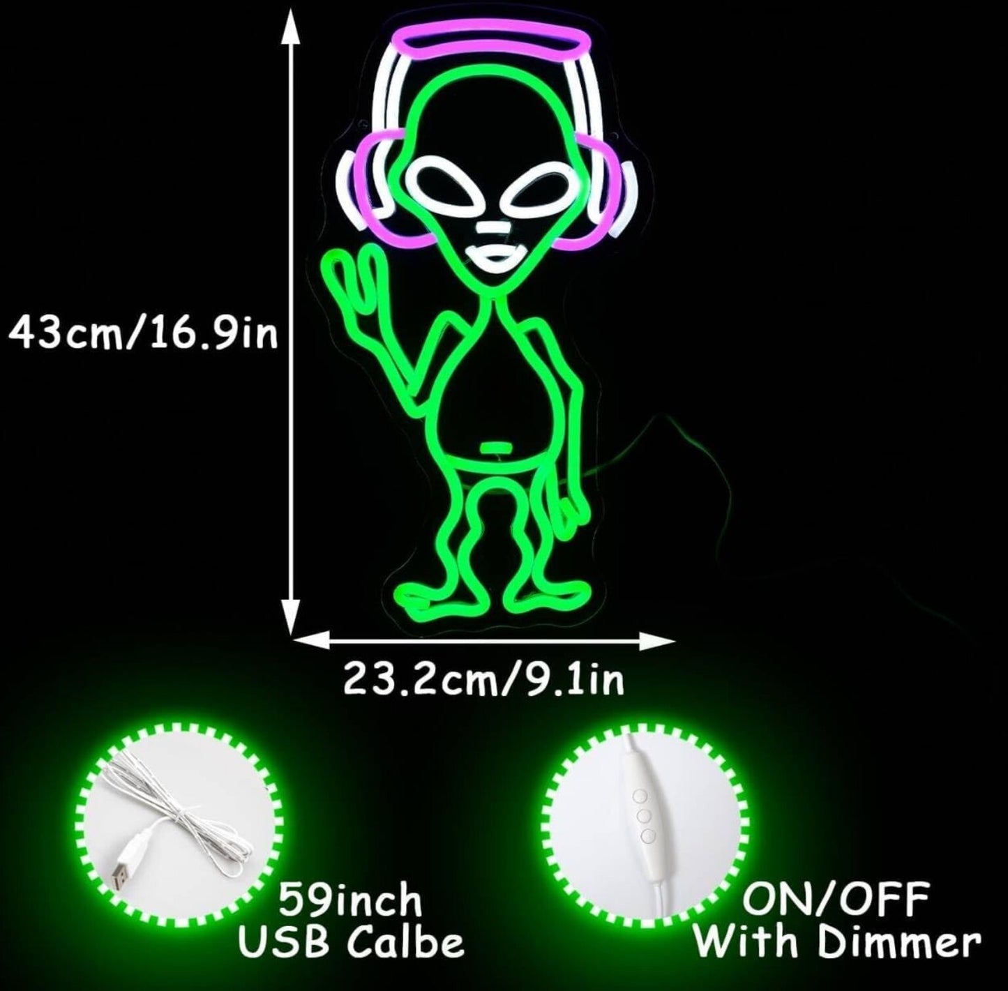 Alien Neon Zeichen Grün LED Dimmbare Musik Studio Deko 43x33cm
