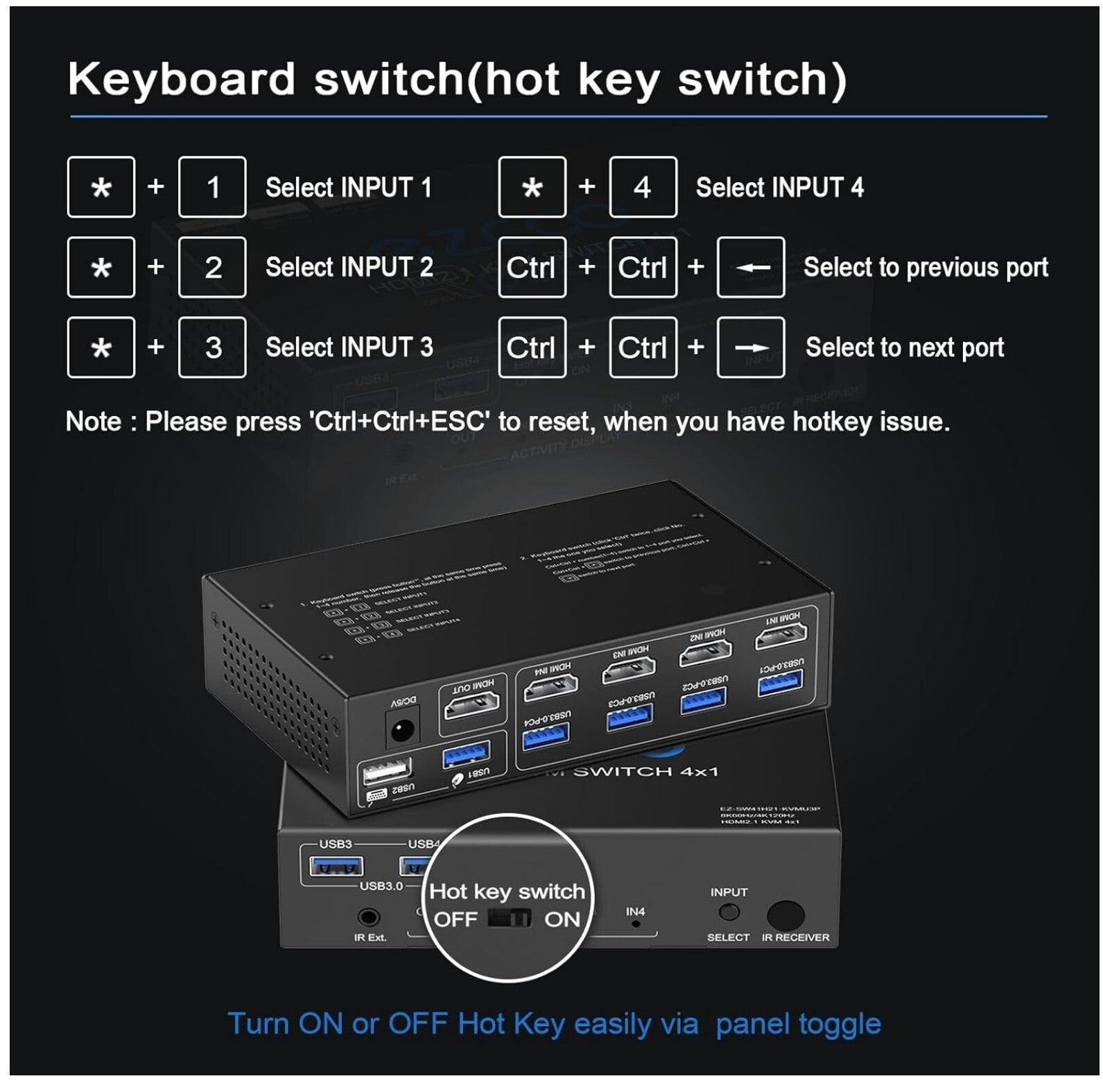 8K HDMI 2.1 KVM Switch 4 Ports USB3.0 4K@120Hz Hotkey 4 PCs - 1 Monitor