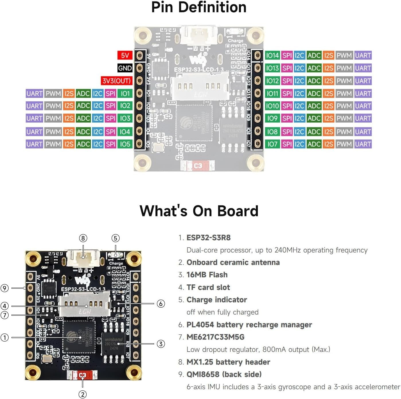 ESP32-S3 1.3" Display Board 240x240 SPI IMU WiFi/BT