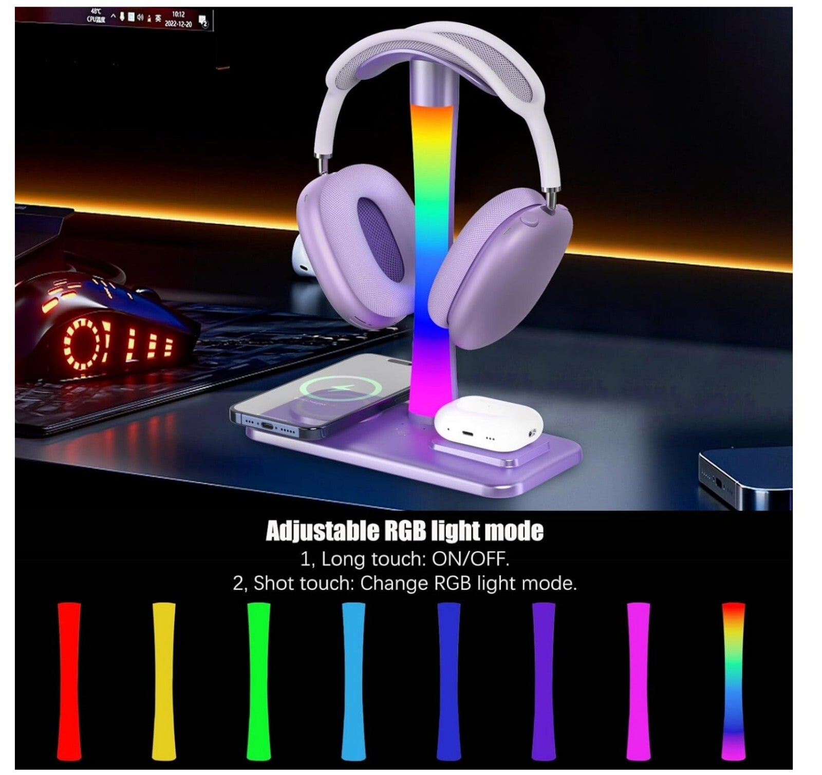 Kopfhörerständer mit Wireless Charger, RGB-Licht, AirPods Max & iPhone/Samsung k