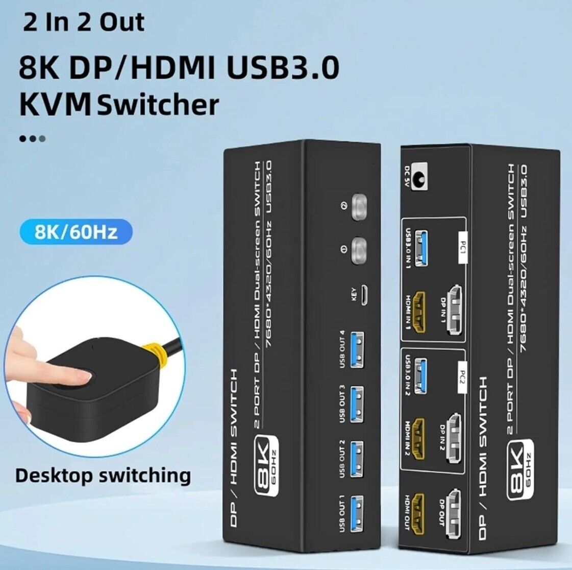 8K DP / HDMI KVM 2PC 2 Monitor 8K@60Hz 4K@120Hz 2K@144Hz + Kabel