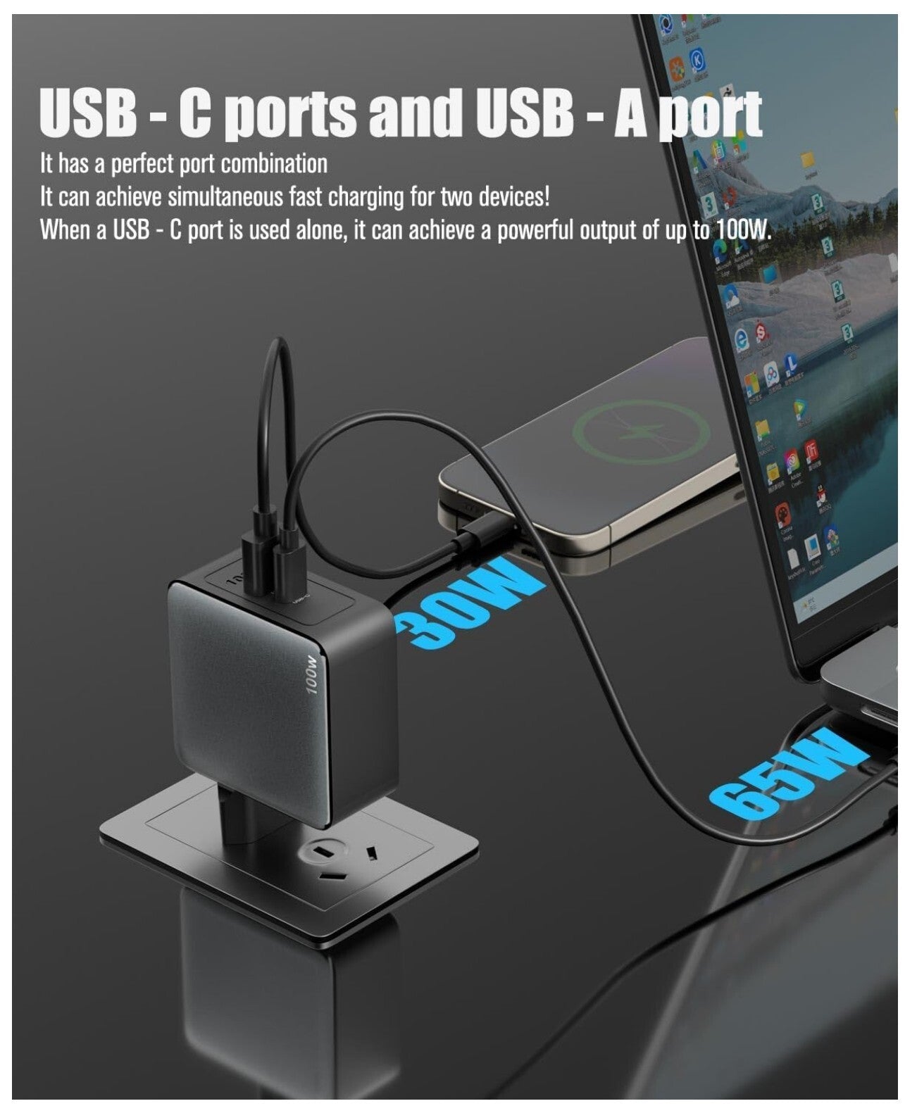 100W USB C+A GaN Ladegerät 2-Port MacBook iPhone Galaxy Grau