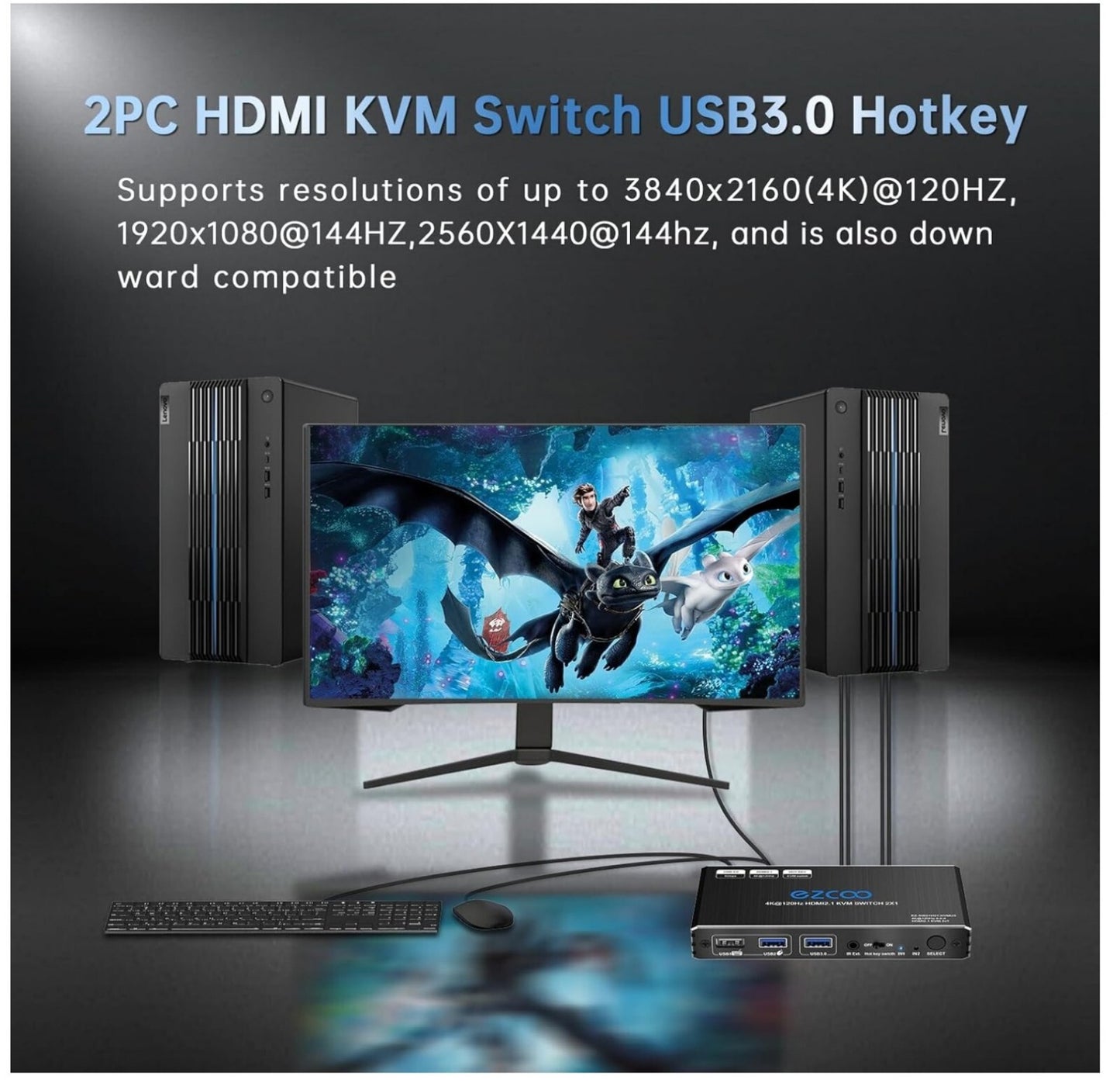 8K HDMI 2.1 KVM Switch 2 Ports USB3.0 4K@120Hz Hotkey 2 PCs - 1 Monitor