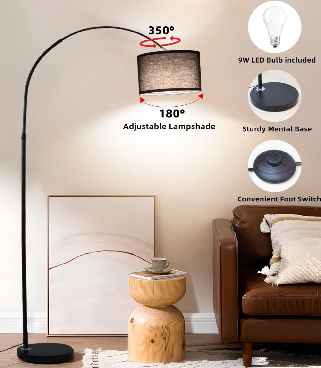Bogenlampe Vintage Stoffschirm 33cm Schwarz LED E27 Fußschalter