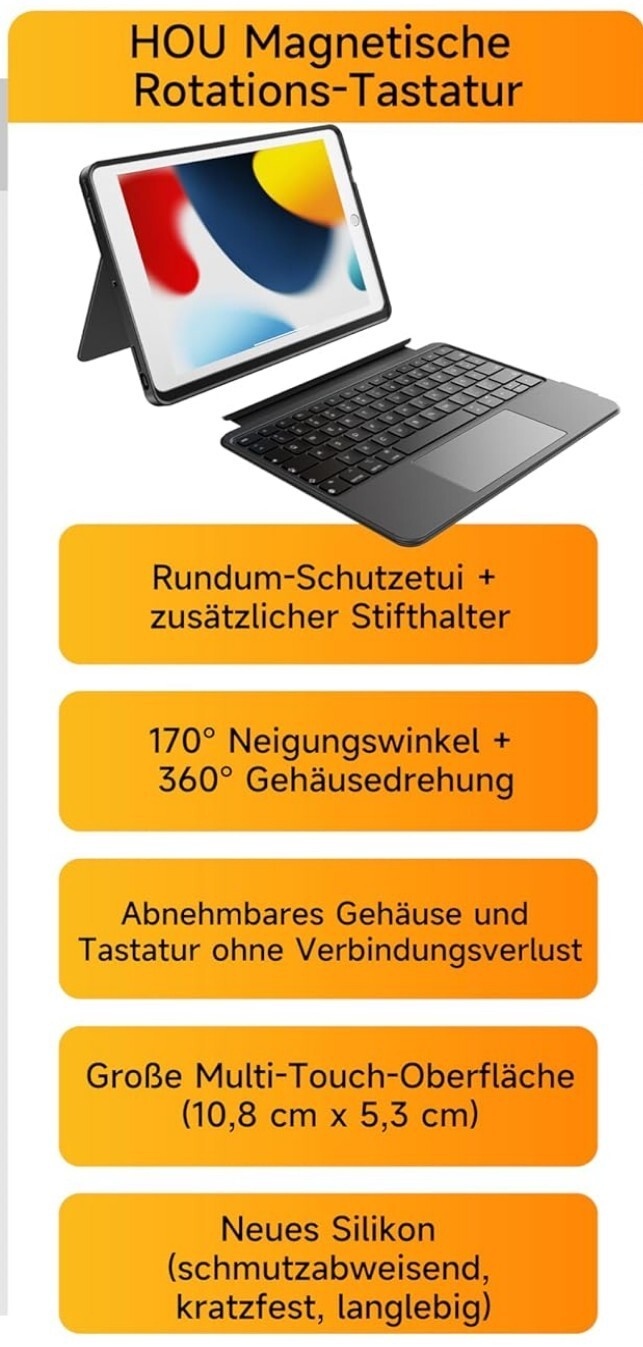 iPad 9/8/7 Gen 10.2" Tastatur Hülle 360° Drehbar Trackpad QWERTZ Schwarz