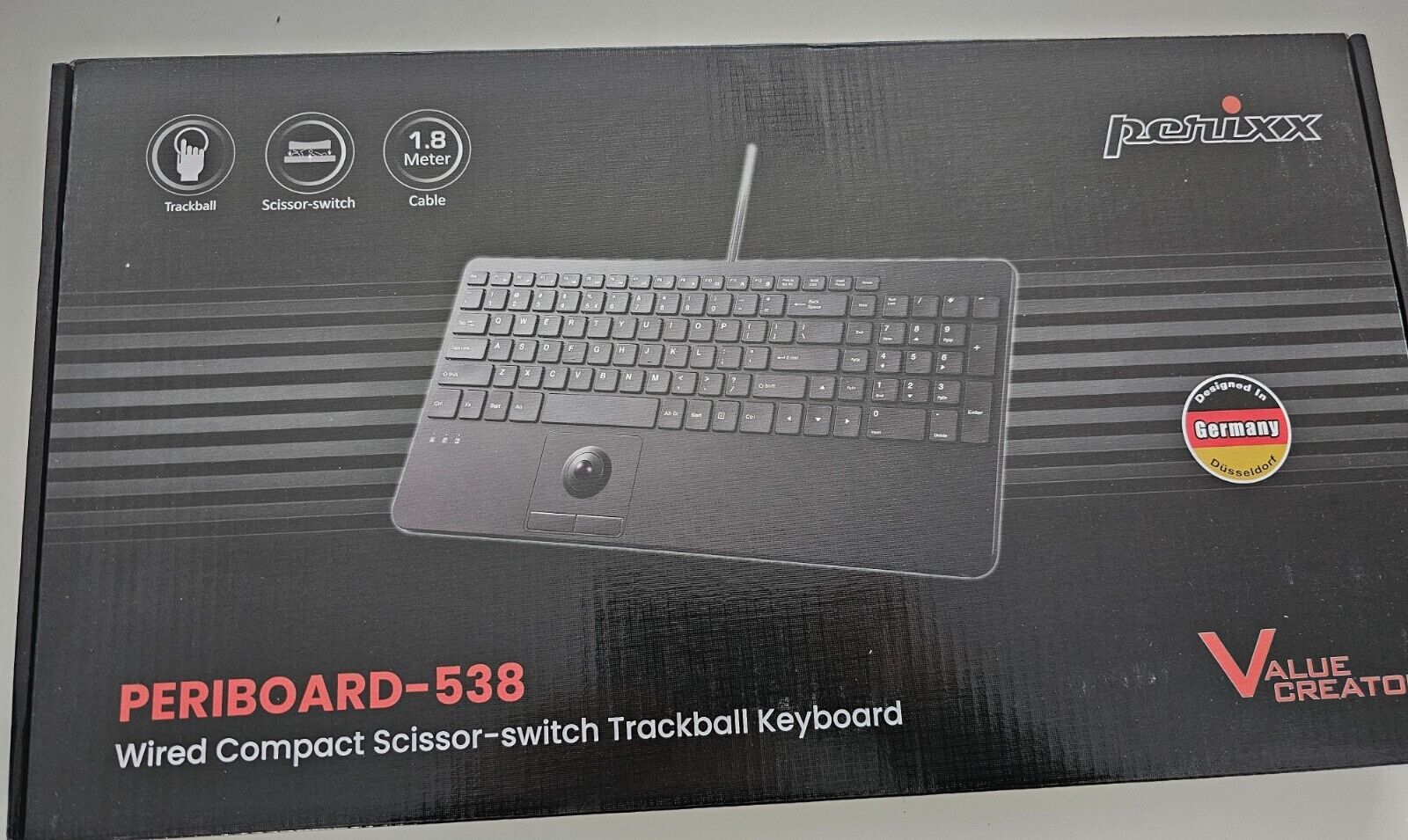 538 DE, Kompakte Kabelgebundene USB-Tastatur mit Trackball, Scherenmechanik-Tast
