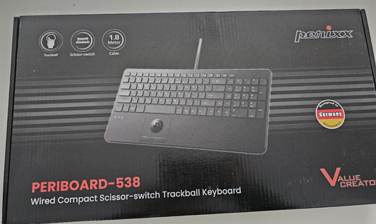 538 DE, Kompakte Kabelgebundene USB-Tastatur mit Trackball, Scherenmechanik-Tast