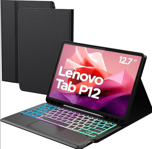 Lenovo Tab P12 Hülle mit Abnehmbarer Tastatur - 7-Farben 3-Zonen Beleuchtung