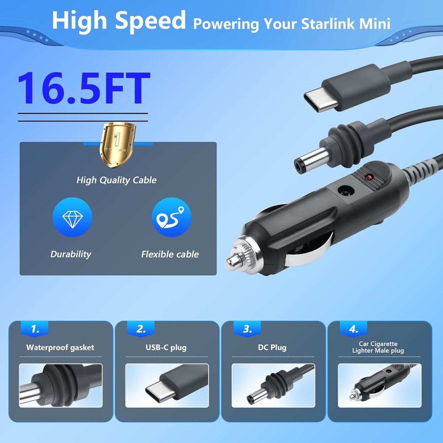 5m Starlink Mini 3-in-1 DC Stromkabel USB-C & Zigarettenanzünder IP68