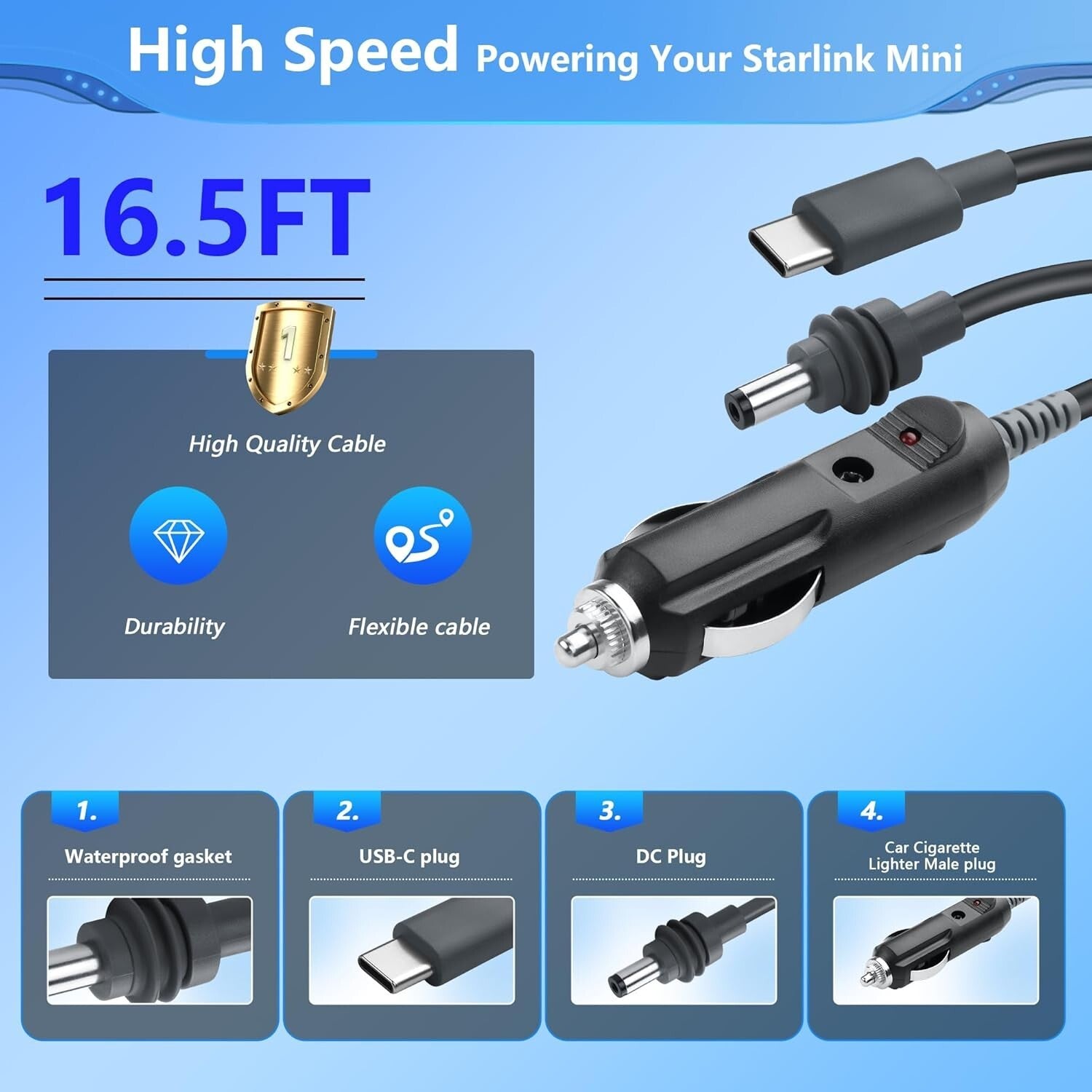 5m Starlink Mini 3-in-1 DC Stromkabel USB-C & Zigarettenanzünder IP68