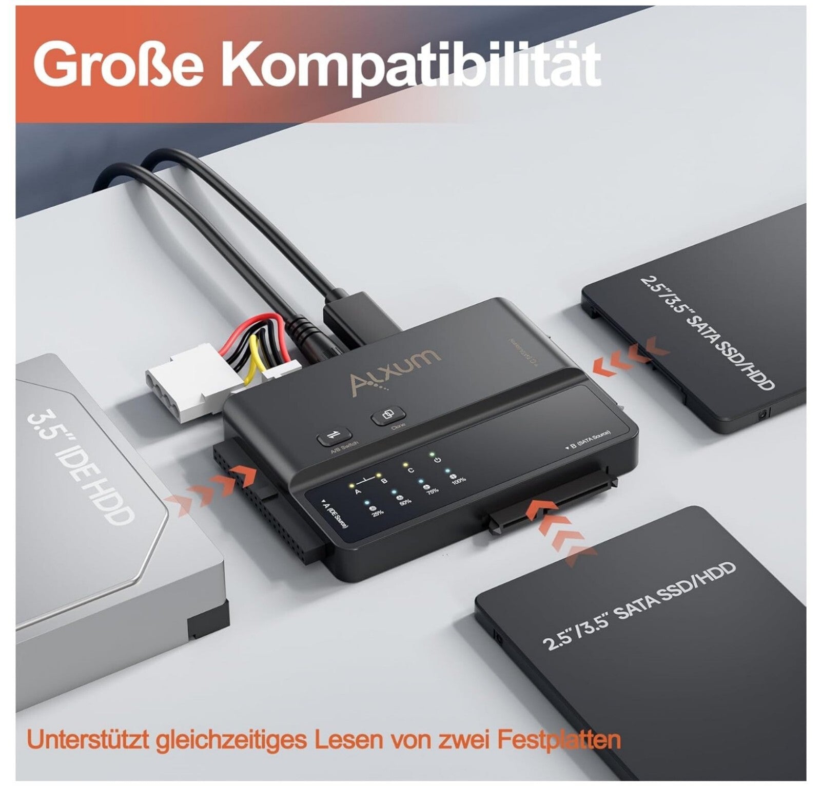 IIDE/SATA Adapter USB-C 5Gbps mit Offline-Klon, für 2.5"/3.5" HDD/SSD