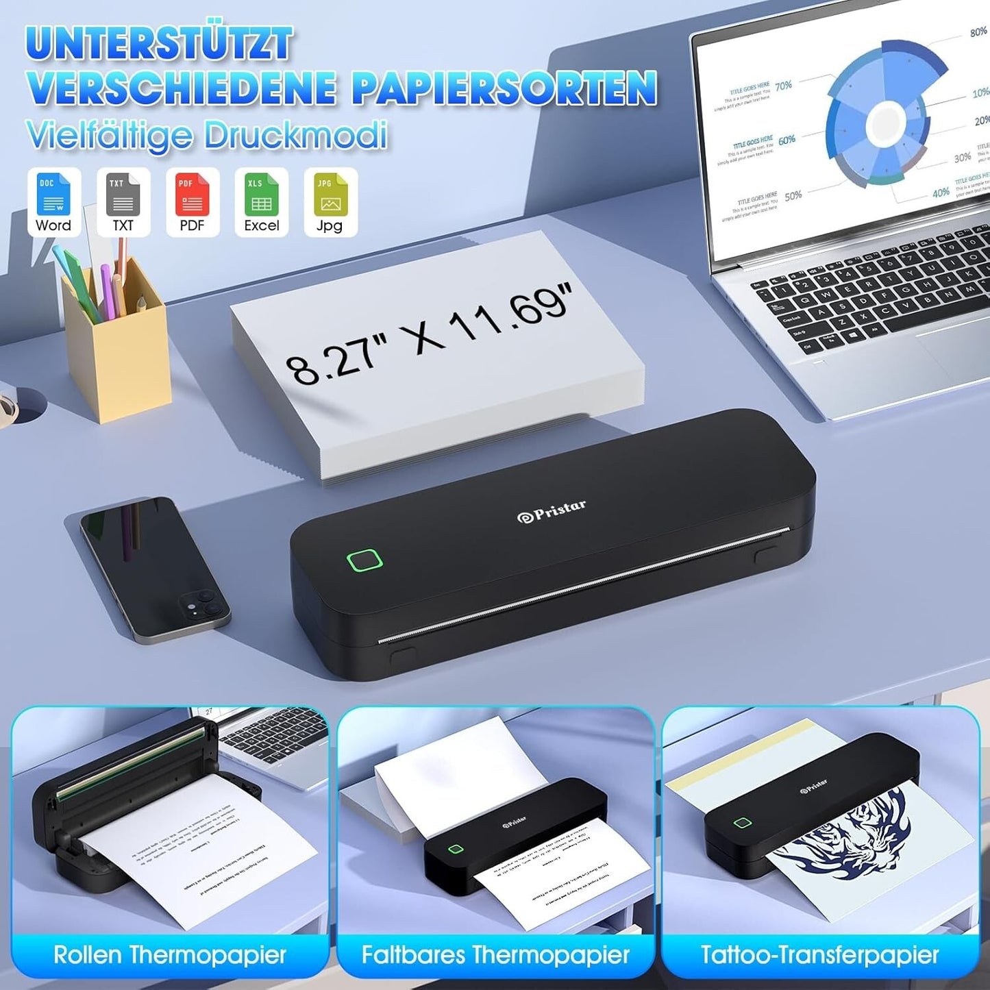 D210 A4 Thermodrucker Bluetooth Schwarz für iOS/Android
