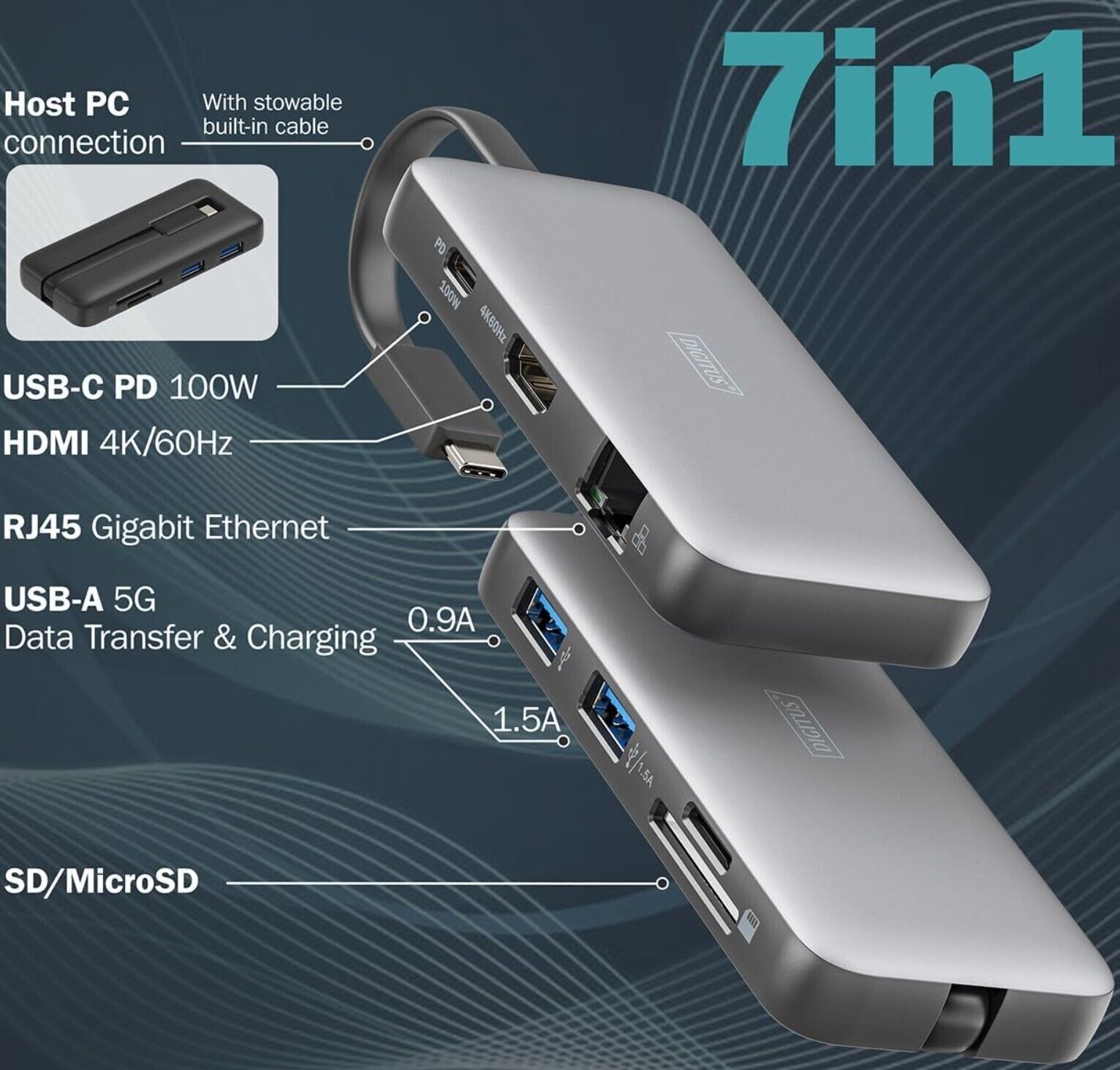 USB-C Travel Docking Station - 7-Ports - 1x HDMI UltraHD 4k/60Hz - 2X USB-A 3.2