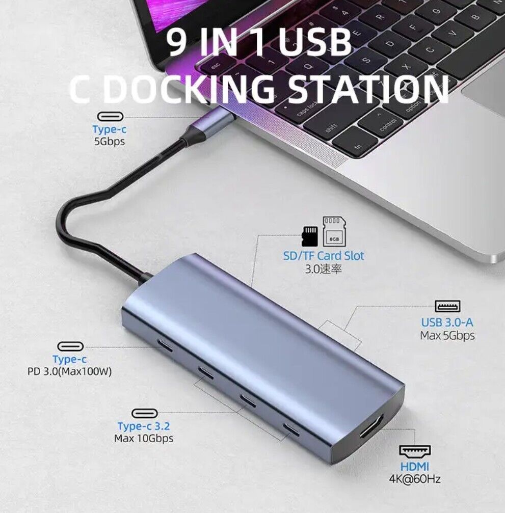 9-in-1 USB-C Hub 100W PD, 10Gbps USB 3.2, SD/TF 5Gbps, 2x USB-A, MacBook Adapter