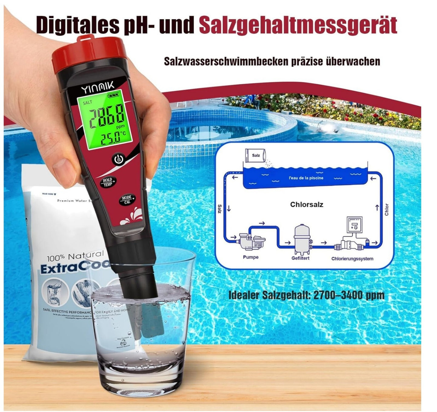 7-in-1 pH & Chlor Messgerät für Pool, Aquarium, Hydrokultur