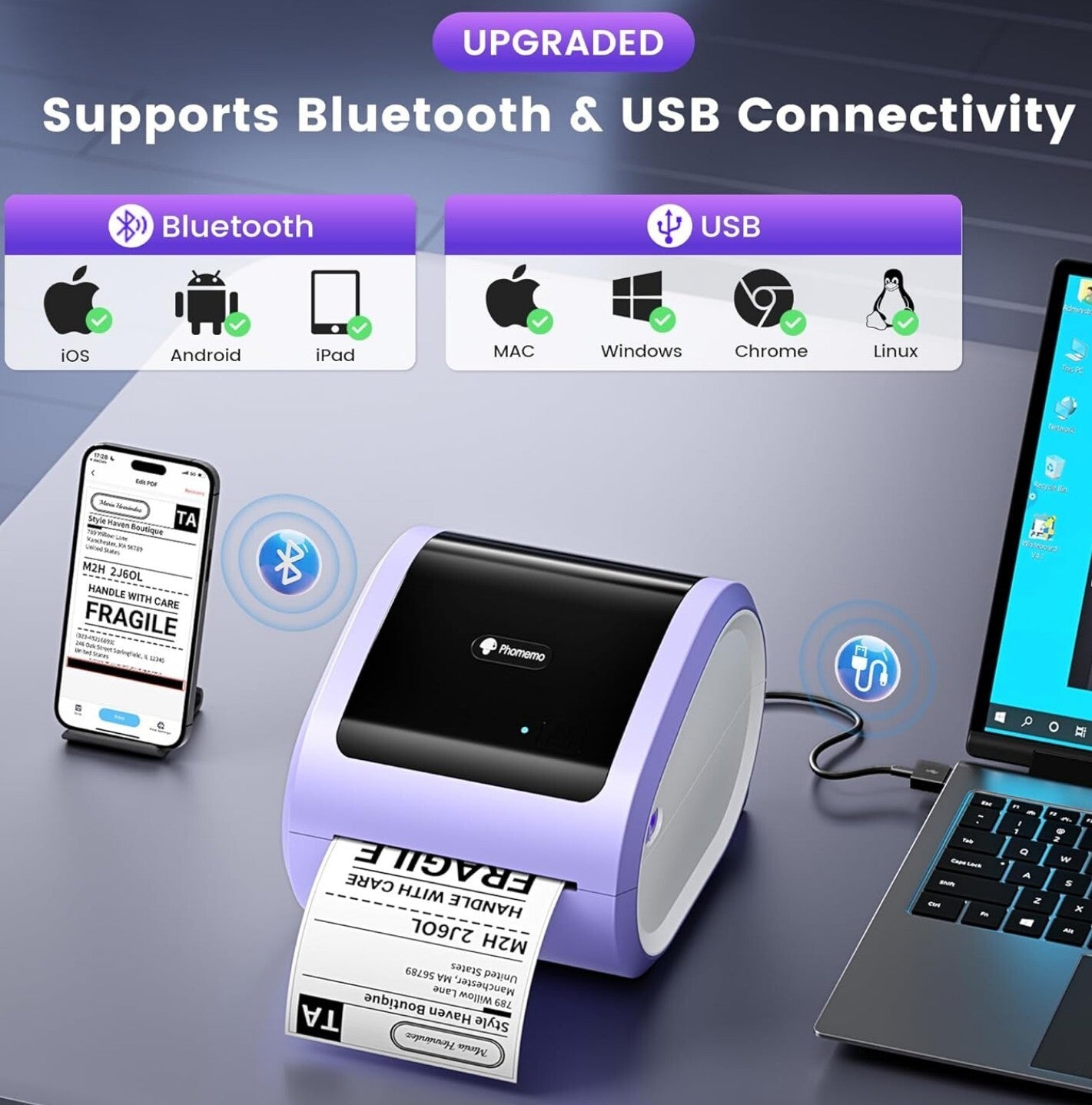 Phomemo D520BT Bluetooth Thermodrucker 4x6 Etiketten Lila DHL Amazon Shopify