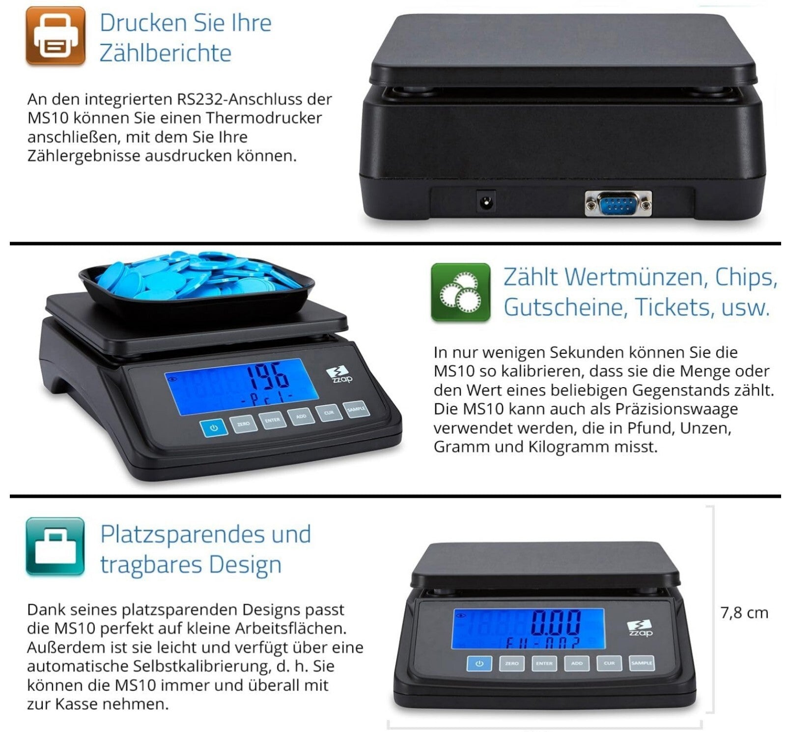 Münzzählwaage 3kg 5 Währungen Batterie/Netz USB-Export