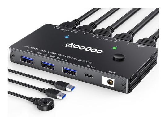 8K HDMI KVM Switch 2 PC 1 Monitor USB3.0 mit Fernbedienung