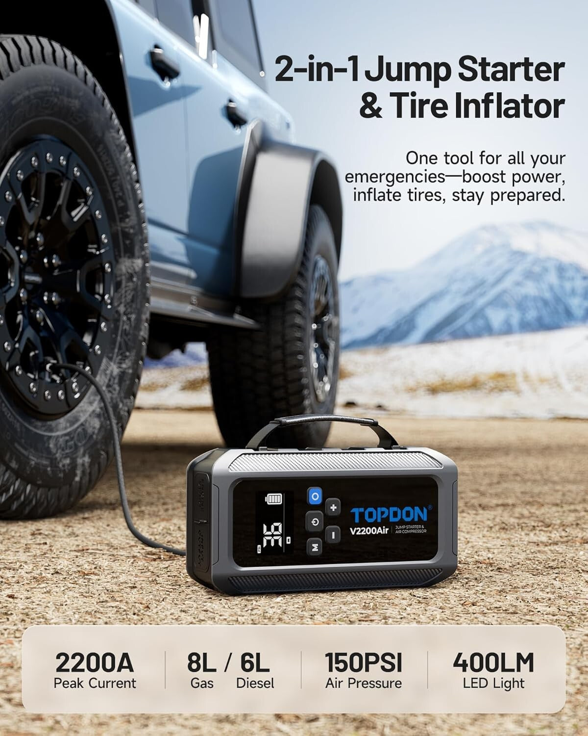 2200A Starthilfe Powerbank 150PSI Luftkompressor 8L Benzin/6L Diesel